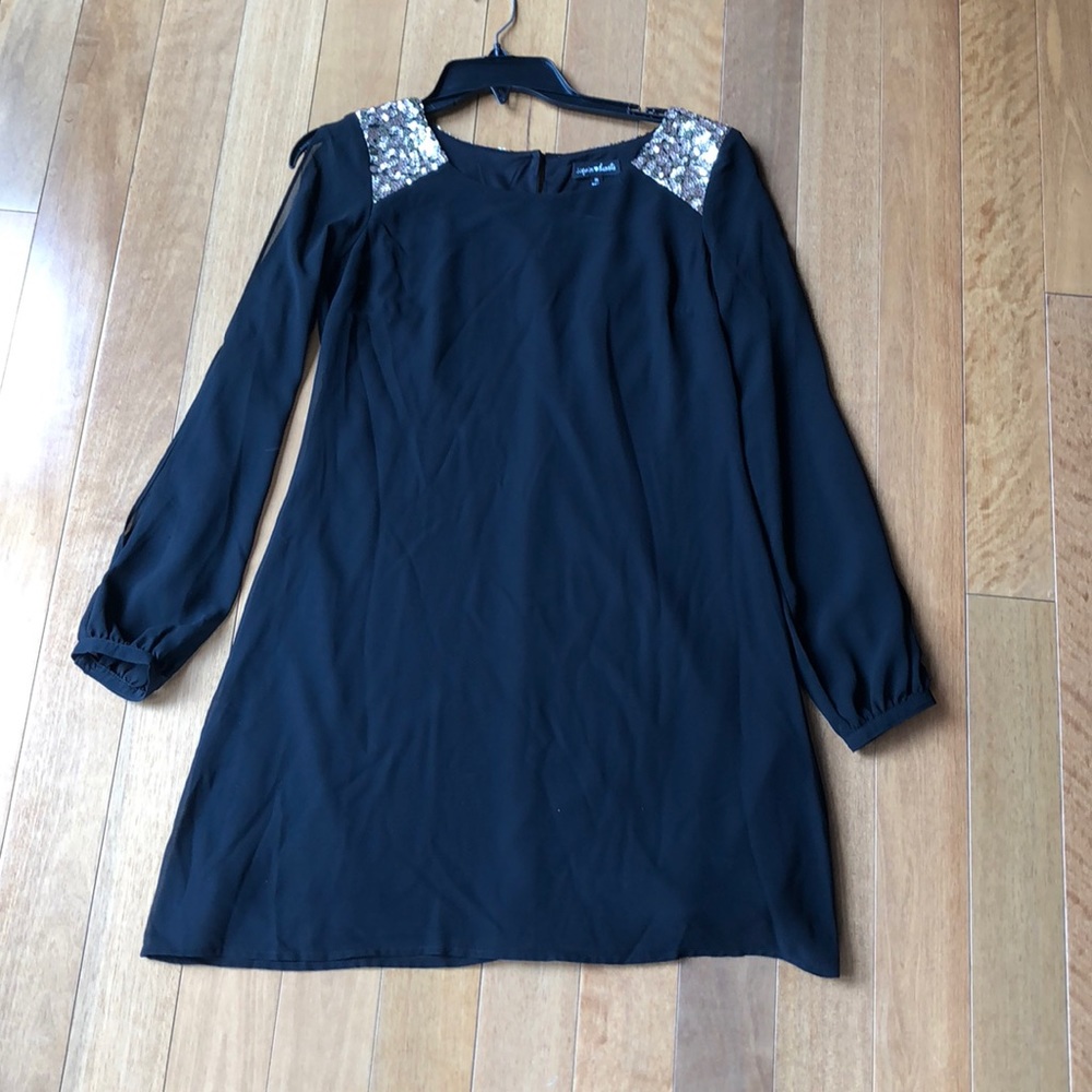 Black with gold sequin cold shoulder shift dress